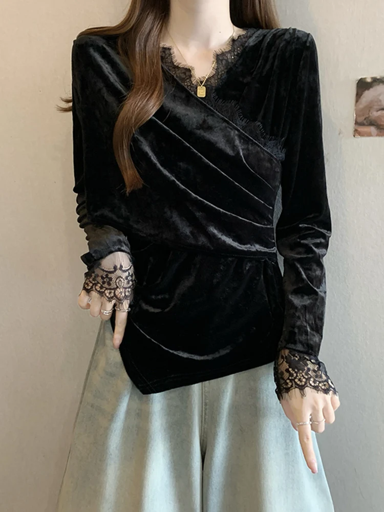 

Женская футболка с эффектом похудения, кружевными вставками и длинным рукавом, больших размеров, зимняя новинка, с завышенной талией, базовая модель