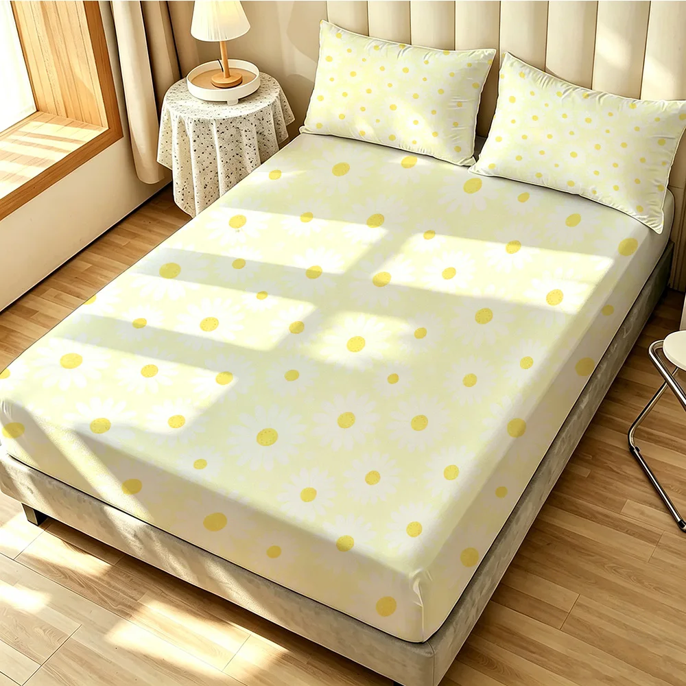 3pcs Yellow Background Small Daisy Print Bedding Set Coreless Soft Comfortable 1 Bedspread 2 Pillowcases Bedroom Home Decor H