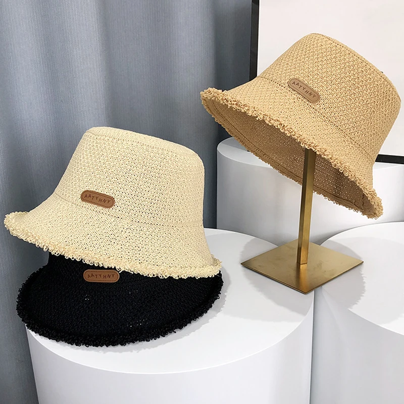 Sun Protection Bucket Hat for Women Thin Hollow Out Fur-Edge Basin Cap Summer Travel Holiday Sunshade Visors Solid Fisherman Hat