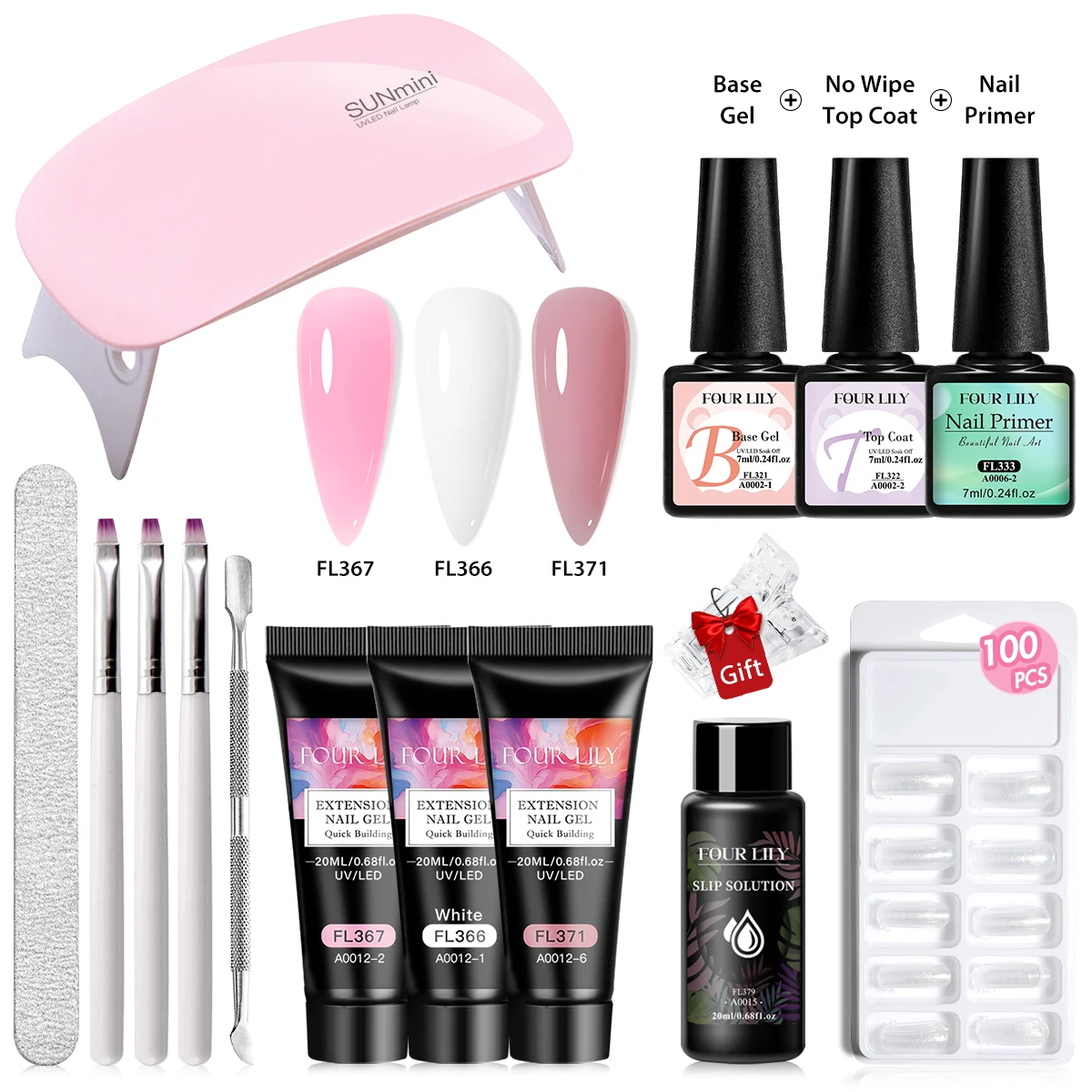 Beginner Extension Nails Gel Kit Nude Color Quick Building Complete Tools Crystal Clip Brush Form Set Manicure Prolong Supplies