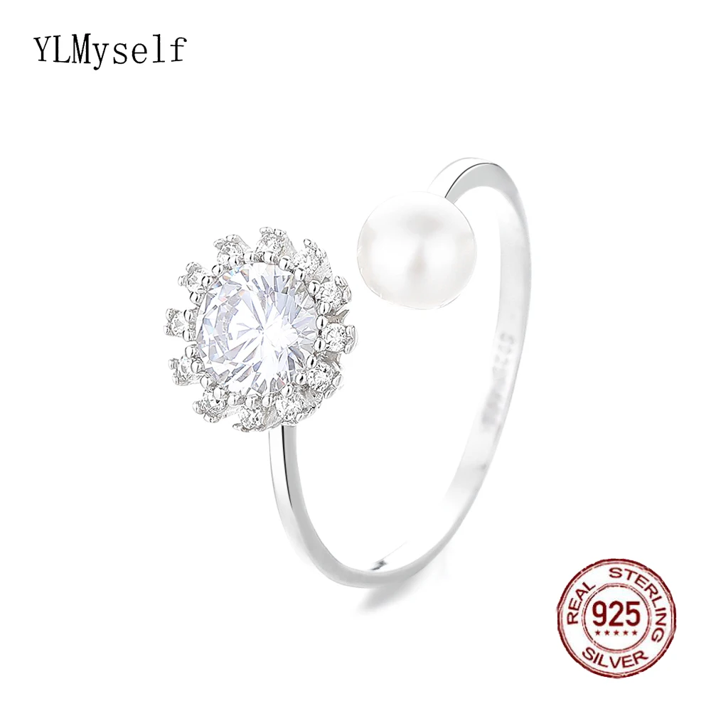 

YLMyself 925 Sterling Silver Ring Women Pearl CZ Flower Adjustable Open Elegant Fine Jewelry