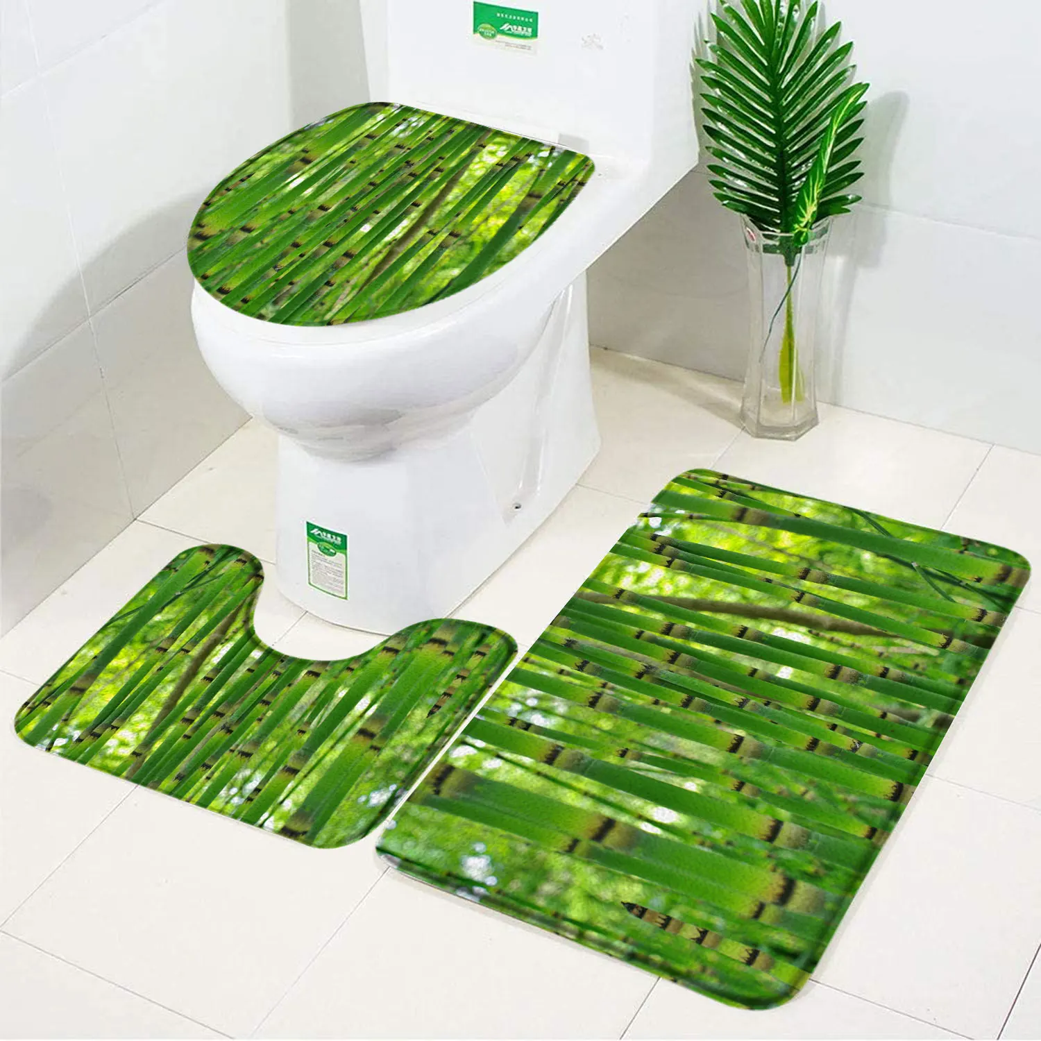 3pcs Set Bamboo Bath Mat Orchid Zen Stone Decor Flannel Anti-slip Bathroom Rug Carpet Machine Washable Toilet Cover Set Foot Mat