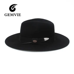 GEMVIE 100% Wool Felt Wide Brim Fedora for Man Women with Black Silver Feather Autumn Winter Panama Cap