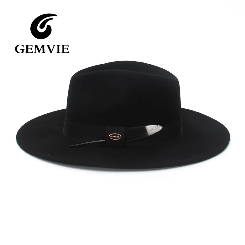 GEMVIE 2024 New 100% Wool Felt Wide Brim Fedora for Man Women with Black Silver Feather Autumn Winter Panama Cap