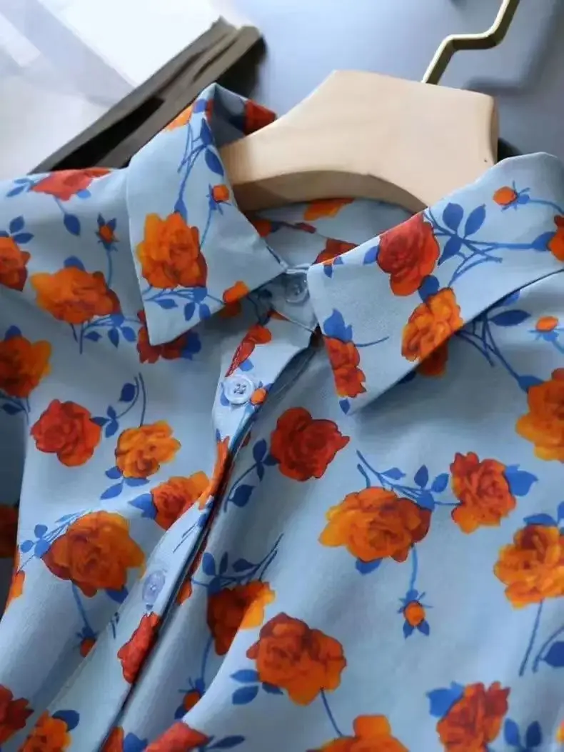 Lapel Long-sleeved Rose Print Versatile Shirt Regular Sleeve Button Splicing Elegant Cardigan