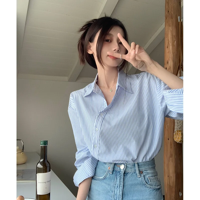

Long Sleeve Shirts Womens Striped Patchwork Slim Fit Turn Down Collar Feminine Youthful Preppy Minimalist Elegant Romantic Daily