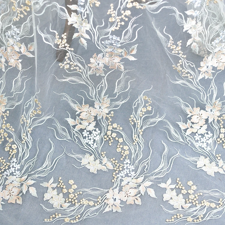 

New Pink Blue Contrasting High-end Three-dimensional Embroidery Lace Flower Wedding Dress Can Be Handmade DIY Clothing Fabric