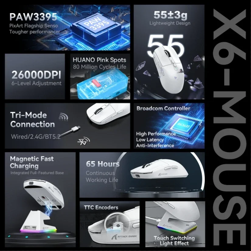 Attack Shark X6 PAW3395 2.4G Wireless Bluetooth Mouse Tri-Mode Connectivity  RGB Touch Magnetic Charging Dock Macro Gaming Mouse