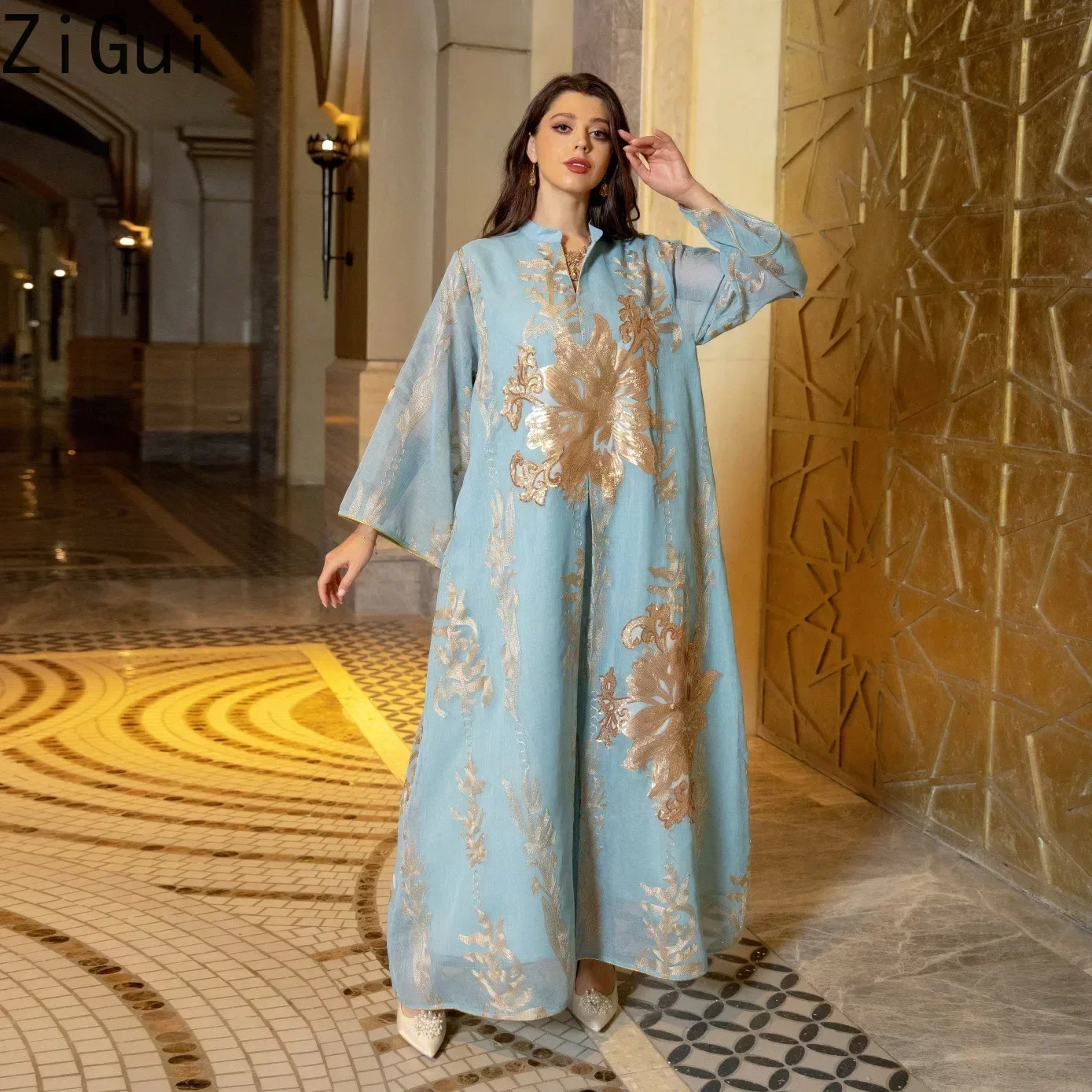 Zigui Elegant Kaftan Dress Women Party Dress Gold Embroidery Sequin Light Blue Chiffon Abaya Muslim Women Clothing Dress