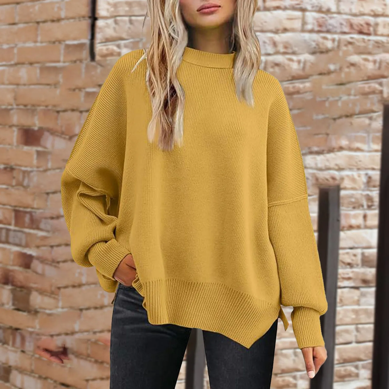 

Women New Knitted Side Slit Pullover Autumn Winter European American Round Neck Bat Wing Long Sleeved Sweater Fashion Tops