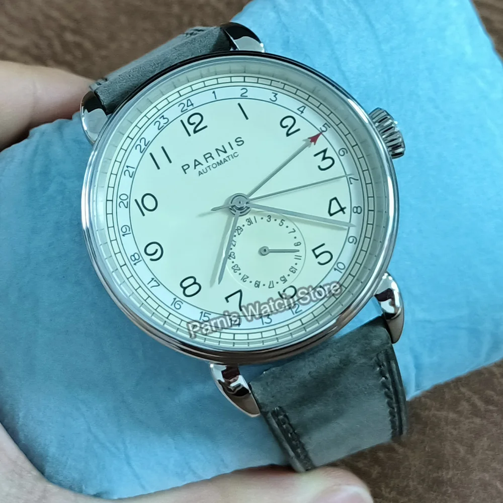Parnis 42 mm GMT Caja plateada Marca árabe Ventana con fecha Correa de cuero Reloj mecánico automático para hombre