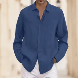 Men Summer Solid Color Shirt Casual Plus Size Loose Tops Turndown Long Sleeve Cotton Linen Shirt Button Up Blouse Street Beach