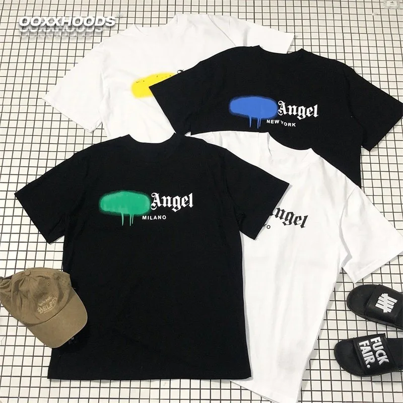 

Мужские и женские футболки с короткими рукавами из чистого хлопка, свободные и большие размеры, американский тренд, готический принт ангела с распылением