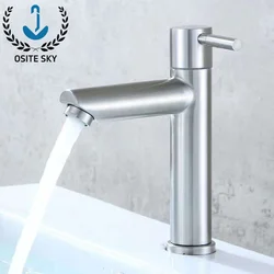 Basin Faucet 1/2Inch 304 Stainless Steel Single Cold Water Tap Black Silver Color Deck Mounted Basin Sink Faucet