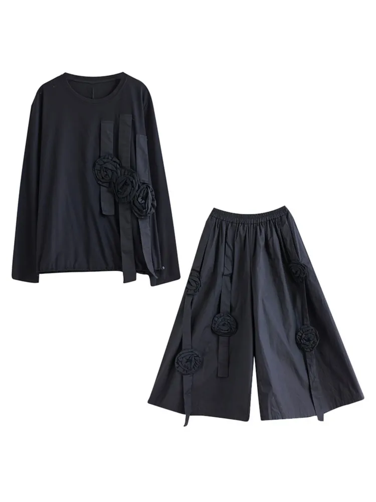 Oversized Autumn Flower 2 Two Piece Set Women Fashion Casual Ladies Blouses Loose Ruffle Pleated Woman Elastic High Waist Pants