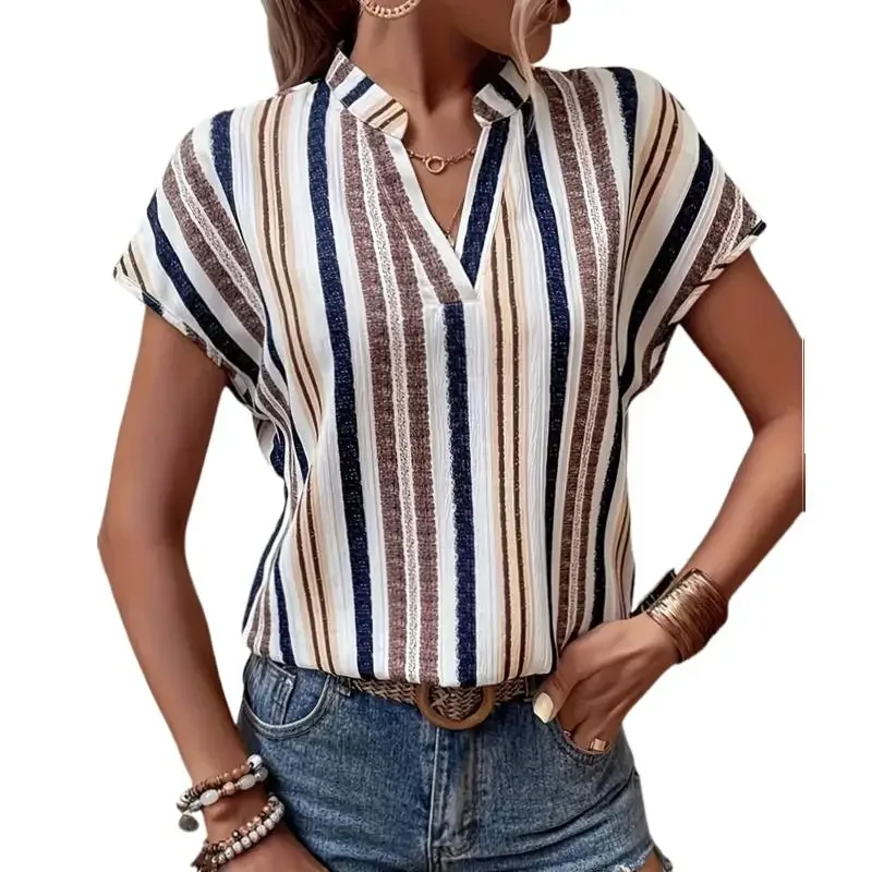 Women\' s Fashion Plus Size 1XL-5XL Stripe Print Notch Neck Blouse Ladies Casual Short Sleeve Blouse Women\'s Plus Size Clothing