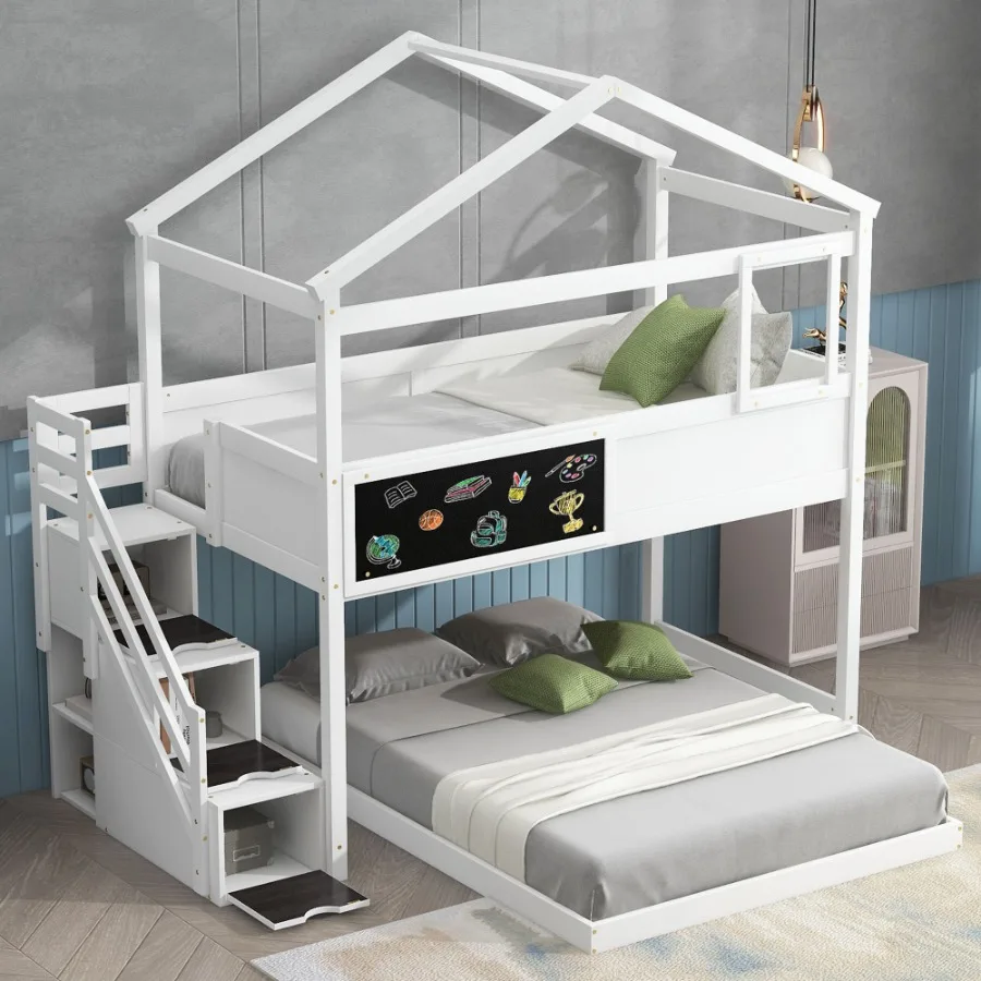Twin over Full House Bunk Bed with Storage Staircase and Blackboard White Old SKU: GX001701AAK