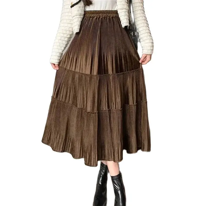 

Fashion Women's Corduroy Pleated Skirts Elastic Waist A-Line Skirt Elegant Female High-waisted Pleuche Long Skirts Autumn Winter