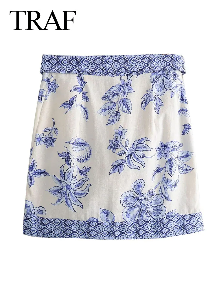 TRAF 2024 Women New Fashion Casual Lace Up Bow Decoration Blue Print Mini Skirt Women Vintage Beach Style High Waist Slim Skirts