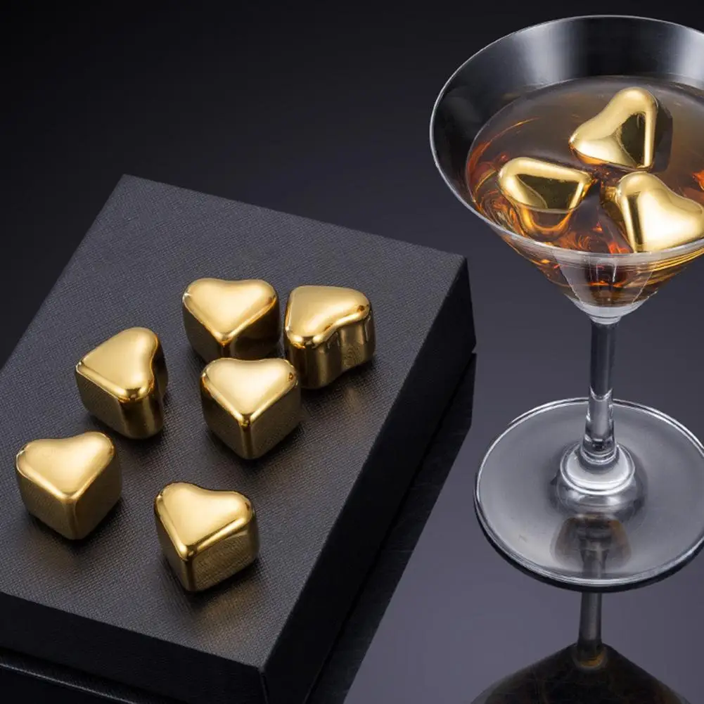 Ergonomic Ice Cube Grabber Stainless Steel Ice Cubes Set with Non-slip Tongs Heart-shaped Gold Whiskey Stones for Cocktails