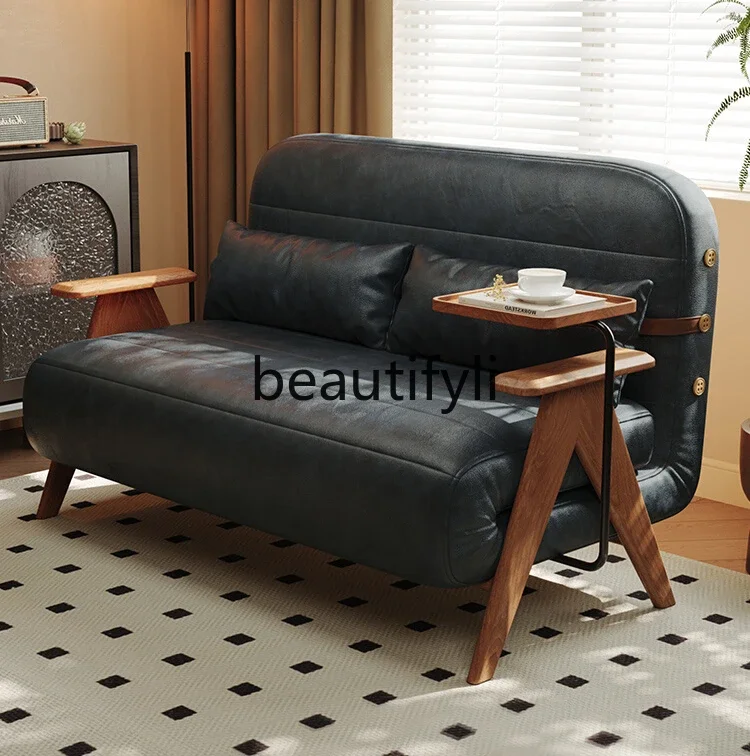 

Japanese-style solid wood folding sofa bed dual-purpose small apartment living room multi-functional oil wax technology leather