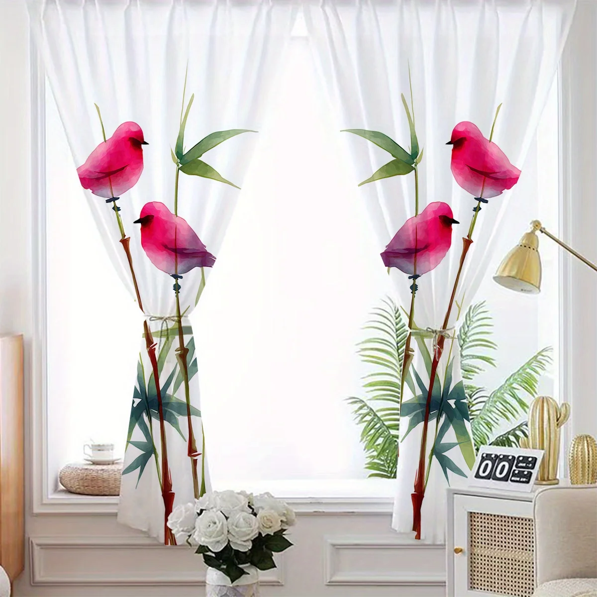 2PC delicate pink bird and bamboo sheer curtain with watercolor design for living room decor Without curtain rod Quick Setup