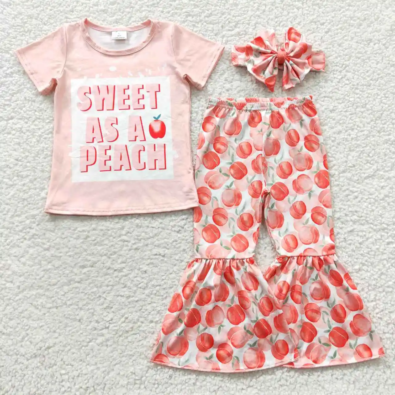 GSPO0569 Baby Girls Clothes Sweet As A Peach Pink Cute Fruits Print 3PCS Bow Winter Outfit Short Sleeve Long Pants Sets