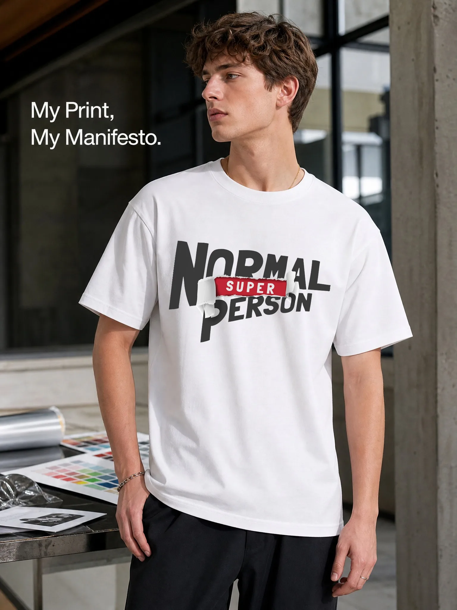 Men's White Loose-Fitting Round-Neck Short-Sleeved T-Shirt with Letter Print, Street-Style Trendy Top, Comfortable, Breathable, and Versatile for Everyday Casual Wear