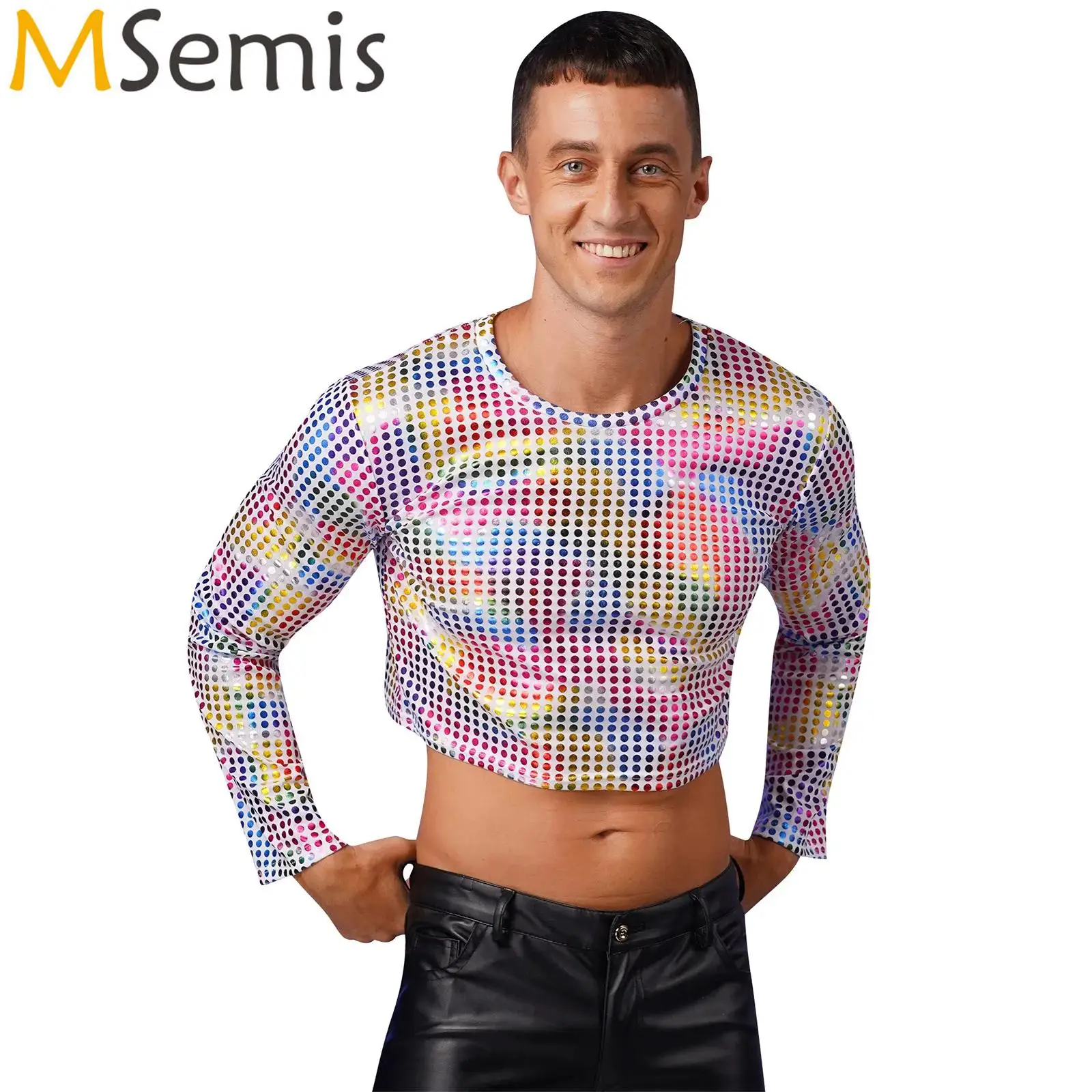 

Mens Shiny Sequins Crop Tops Long Sleeve Round Neckline Solid Color Jazz Dance Crop Top Nightclub Stage Rave Party Costume