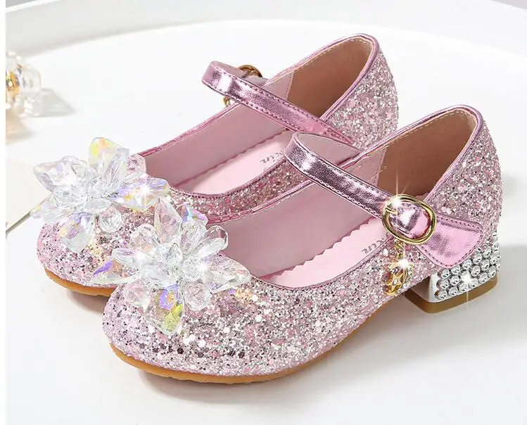 Princess Children High Heels Leather Shoes For Girls Sequin Pearl Bow Kids Crystal shoes Dance Shoes Attend A Evening Party