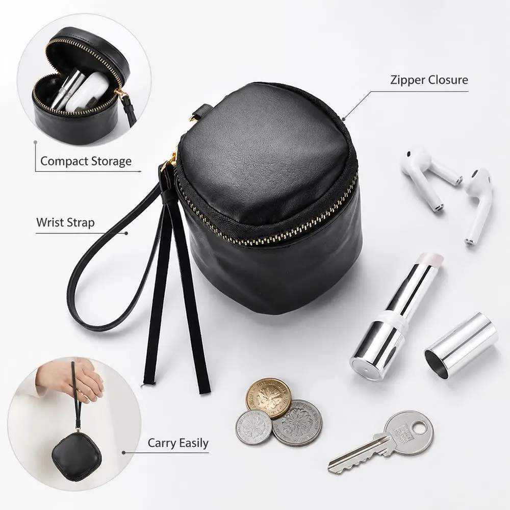Vintage Leather Mini Coin Purse Zipper Closure Portable Earbuds Storage Pouch Round Shape Key Bag Small Item Storage