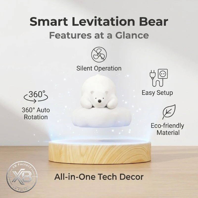 Floating Magnetic Levitating Bear Cloud Polar Bear 360 Rotation Wood Base Unique Novelty Gift for Home Desktop Room Decoration