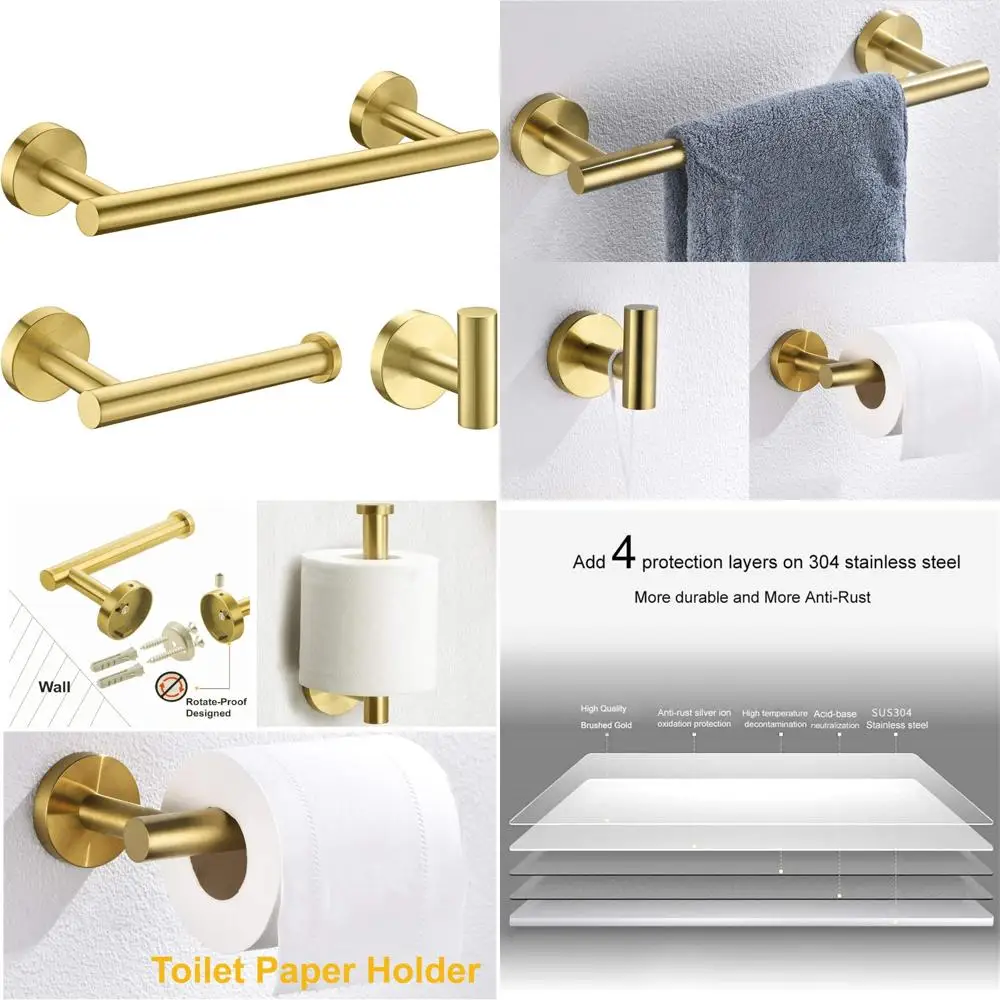 

3-Piece Brushed Gold Wall-Mounted Bathroom Hardware Set with Towel Bar and Toilet Roll Holder, Made of SUS304 Stainless Steel
