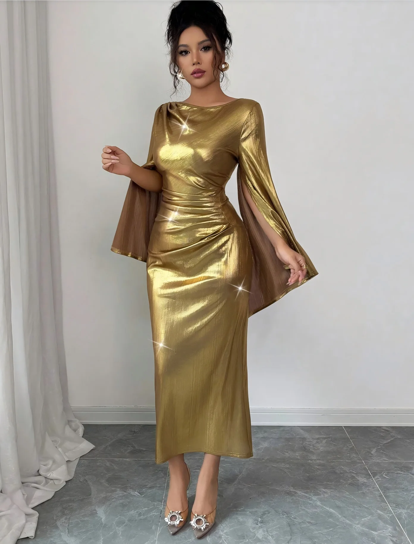 Vestido plisado metálico vestidos de noche para discoteca 2025 mujeres otoño Sexy ceñido al cuerpo Maxi vestidos de fiesta elegante vestido de fiesta de noche