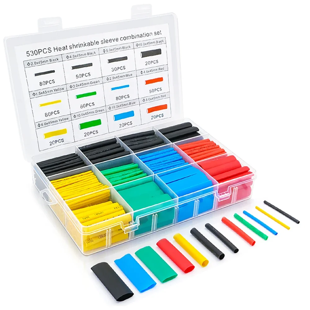 530-580pcs Heat Shrink Tube 2:1 Thermoresistant Tubing Heat Shrink Wrapping Kit Electrical Wire Cable Insulation Sleeving 1 Set