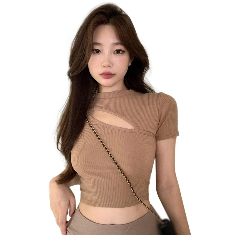 Women's Summer Crew Neck Slim T-shirt Solid Color Sexy Chest Hollow Out Short Sleeve Casual Versatile Crop Top