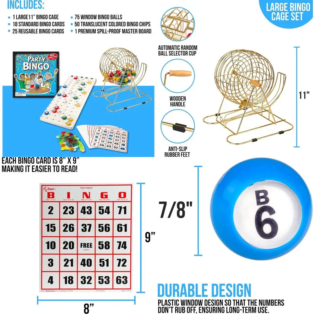 

Professional 75-Ball Bingo Set with 11 Cage, Master Board, 18 Cards, 25 Reusable Cards, and Chips for Adults and Large Groups