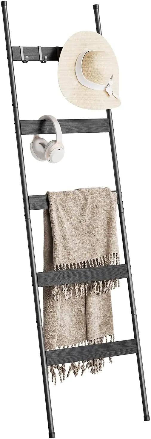 

5-уровневая лестница для одеял, деревянный держатель для одеял в фермерском доме с 4 крючками, черный настенный якорь, наклонная стойка для гостиной, ванной комнаты, дома