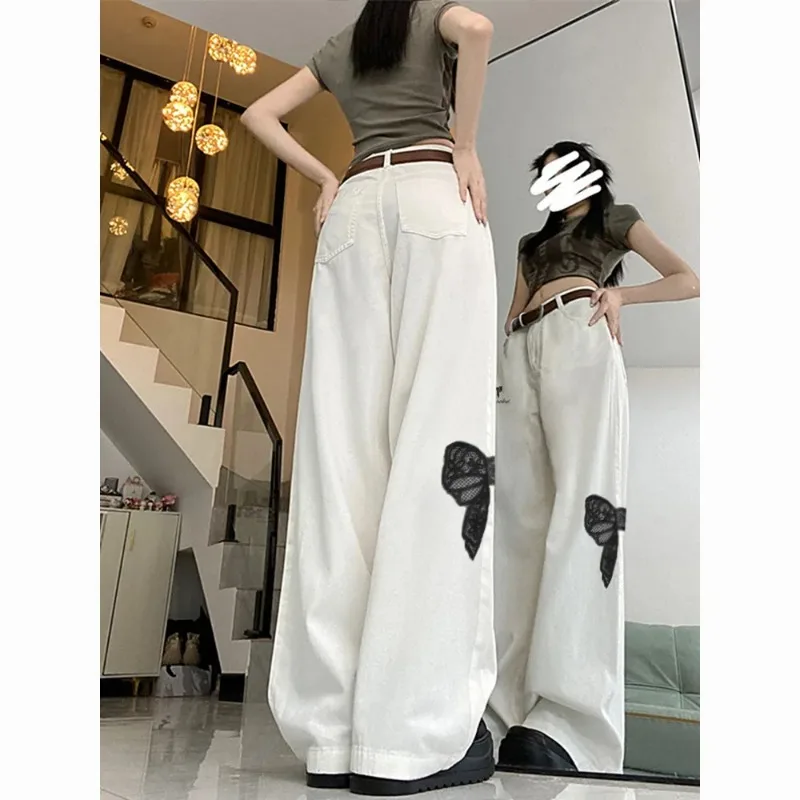 

Women's High Waist Wide Leg Jeans American Style Bow Embroidery Casual Loose Straight Trousers