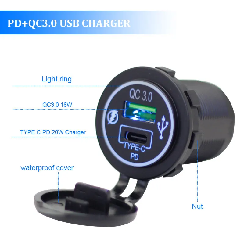 PD 3.0 Type C USB Fast Charger Din to USB and 18W QC 3.0 Power Outlet for 12V-24V Car Boat Motorcycle RVS