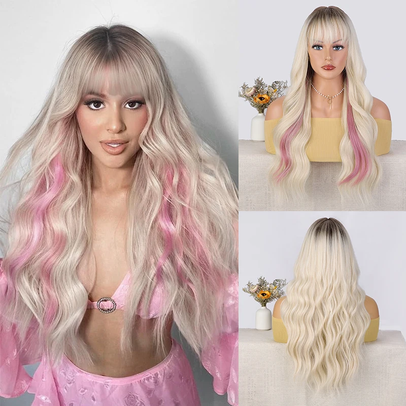 

Blonde Long Wavy Wigs with Bangs Highlight Pink for Women Natural Curly Wig Top Mixed Black Synthetic High Temperature Fiber Wig