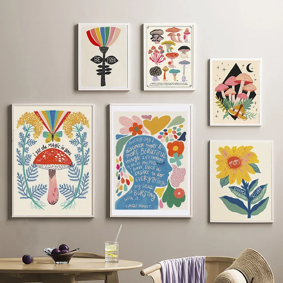 

Boho Mushroom Canvas Painting Abstract Wall Art with Butterfly Sunflower Quote Nordic Living Room Decor Prints Pictures