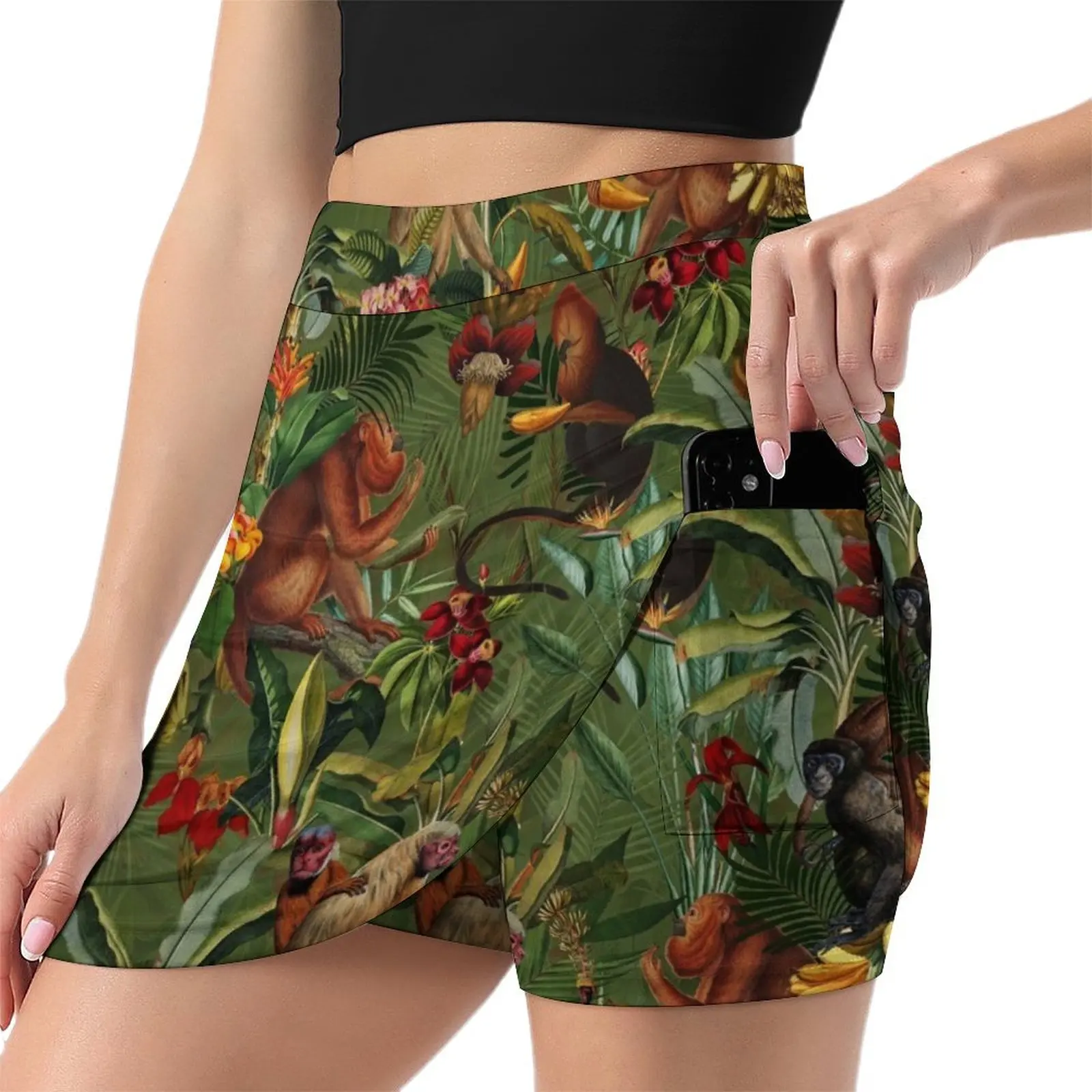 Tropical monkey jungle pattern - dark green Botanical Night Garden Mini Skirt night club women sexy skirt