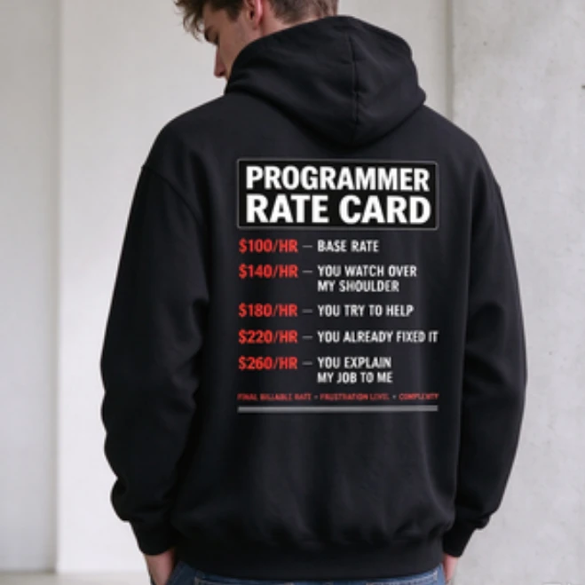 Programmer Rate Card Hoodie Funny Coding Humor Black Back Print Pullover Developer Gift Tech Humor Casual Streetwear Top for Men