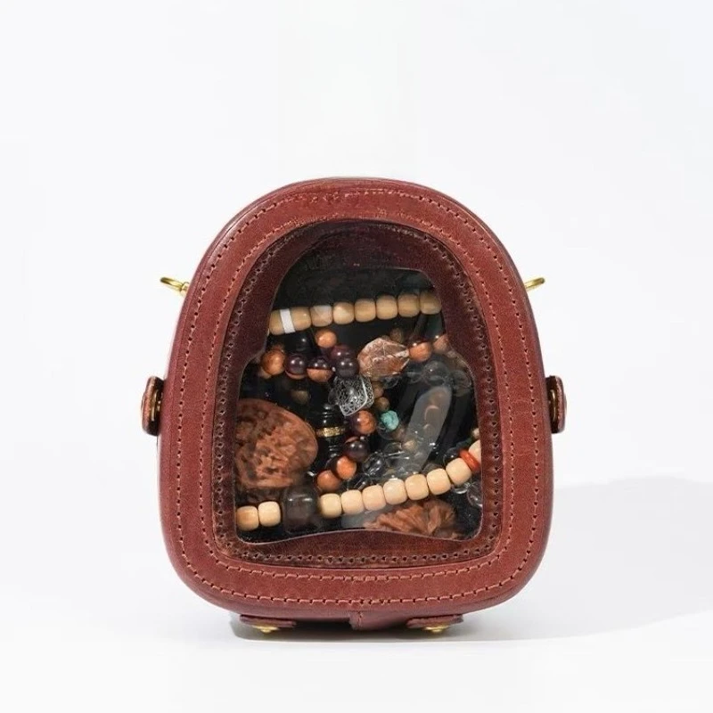 

bag storage, carry-on bag, high-end bracelet, walnut transparent portable handmade cowhide box, retro and exquisite