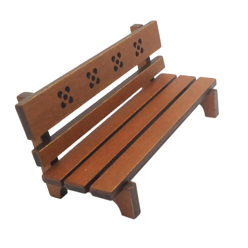 1:12 Wooden Dollhouse Garden Bench, Part Stool Craft, Dolls House Furniture Couch Miniatures with Back - Brown Color