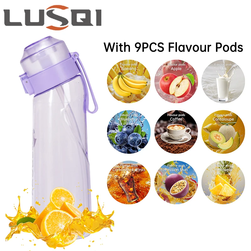 LUSQI 650ML Air Flavored Water Bottle With 9 Flavor Pods Sports Fashion Straw For Outdoor Sports Activities