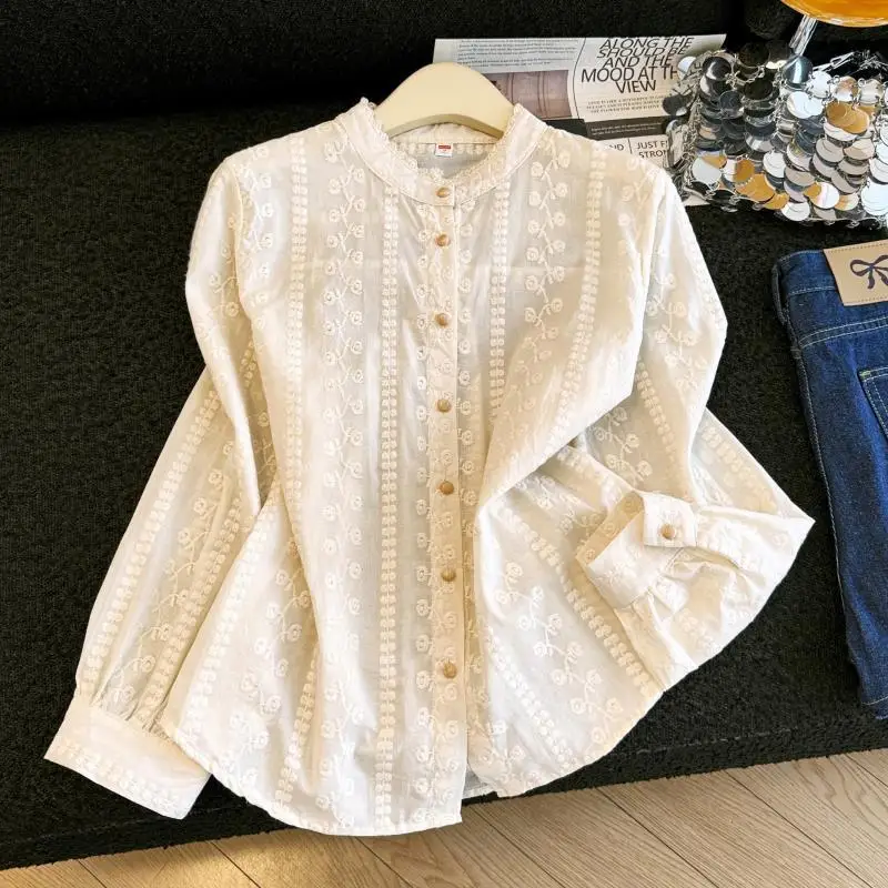 Women's French Embroidered Blouse Cottagecore Elegant Scalloped Collar Lace Top Boho Chic Loose Long Sleeve Casual Shirt