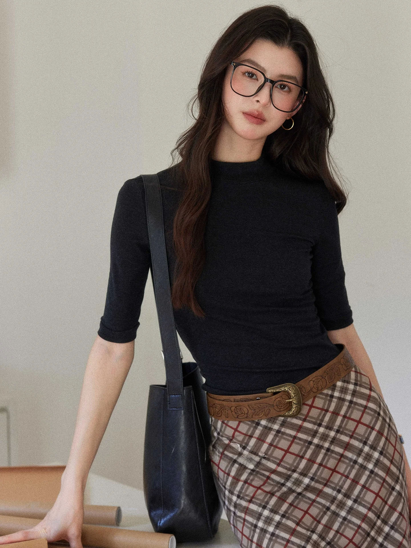 

E-Young Design High Ne mid Sve Silk Wool Blend Base irt Women Slim Fit Smart Feeling Milk Skin Texture Top