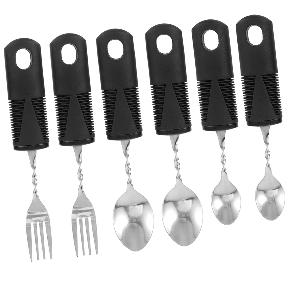 

2 Sets Anti Shake Stainless Steel Rubber Handle Cutlery Set Bendable Fork Spoon for Elderly Disabled People Adaptive Utensils